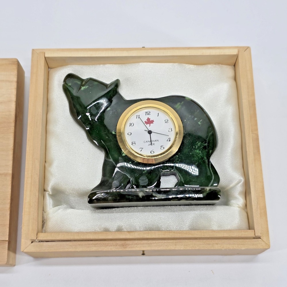 British Columbia Canadian Jade Bear Clock Hand Carved BC Nephrite Green Stone - Picture 2 of 10